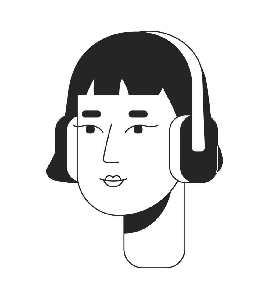 Kopfhörer Koreanisch jung Erwachsene Frau schwarz und Weiß 2d Linie Karikatur Charakter Kopf. gut aussehend asiatisch weiblich tragen Kopfhörer isoliert Vektor Gliederung Person Gesicht. monochromatisch eben Stelle Illustration