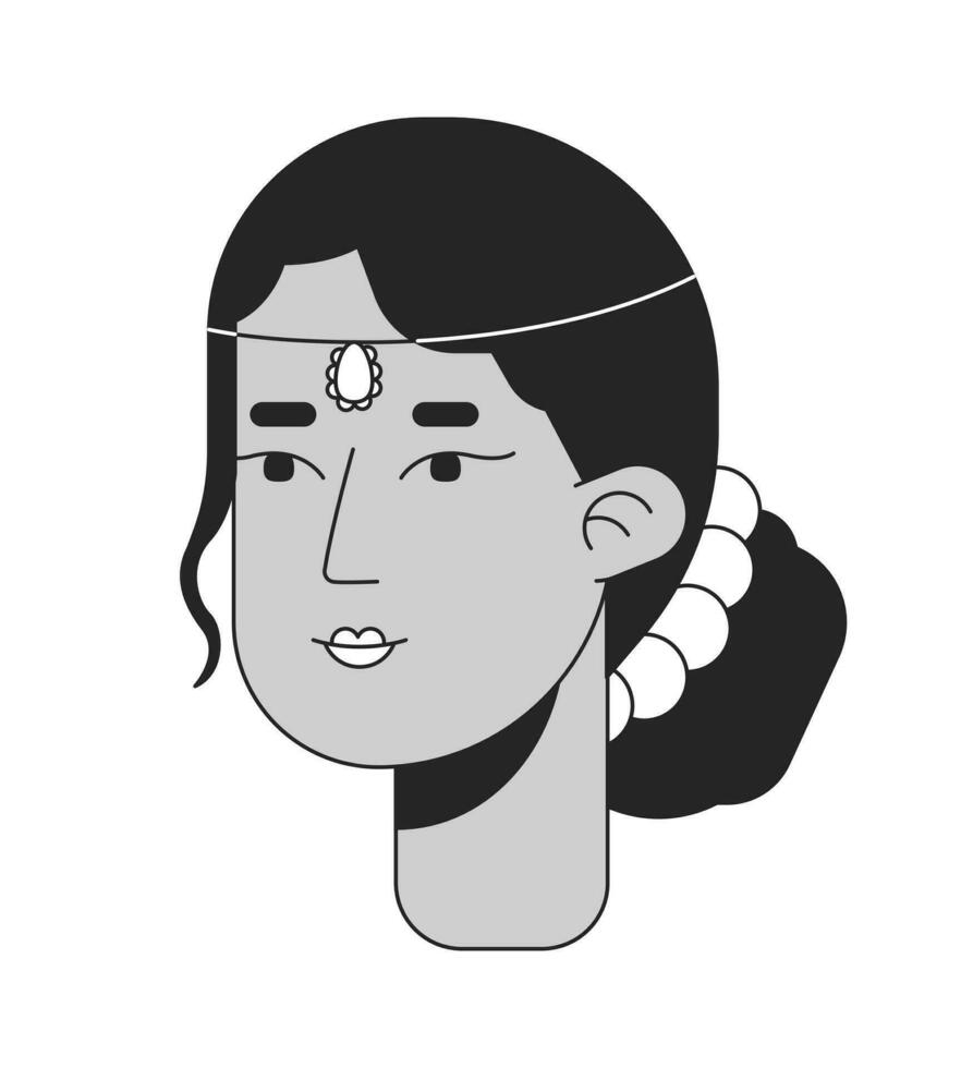 Erwachsene indisch Frau mit Brötchen Frisur schwarz und Weiß 2d Linie Karikatur Charakter Kopf. Süd asiatisch Dame tragen Schmuck isoliert Vektor Gliederung Person Gesicht. monochromatisch eben Stelle Illustration