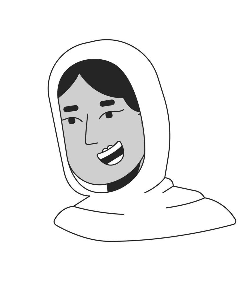 scarf hijab positiv kvinna svart och vit 2d linje tecknad serie karaktär huvud. ung vuxen muslim lady leende glatt isolerat vektor översikt person ansikte. enfärgad platt fläck illustration