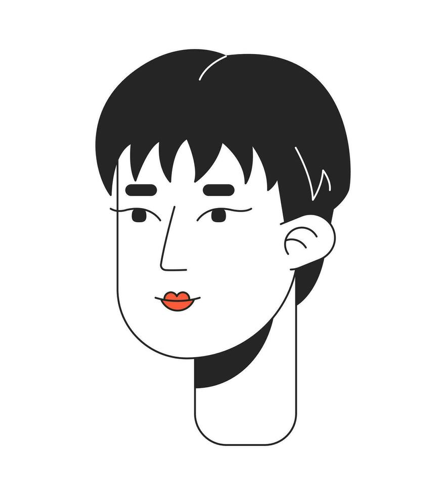 stilig koreanska kvinna pixie hår skära 2d linjär tecknad serie karaktär huvud. pixie frisyr japansk kvinna isolerat linje vektor person ansikte vit bakgrund. kort håriga Färg platt fläck illustration