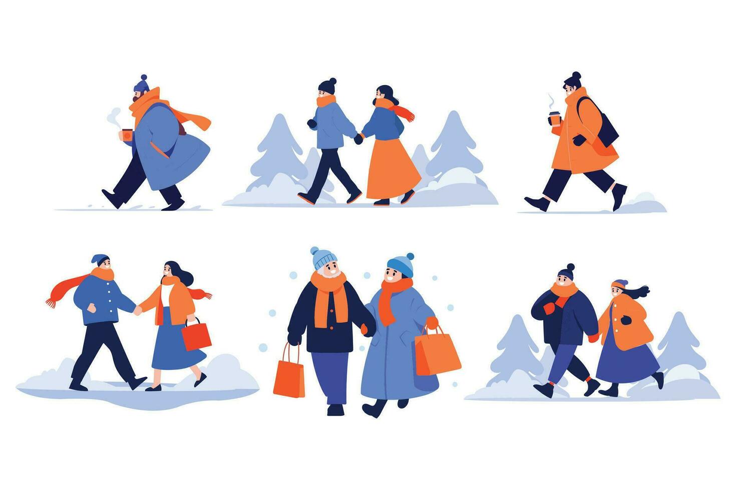 hand dragen par bär vinter- Kläder promenader på en väg fylld med snö i platt stil vektor