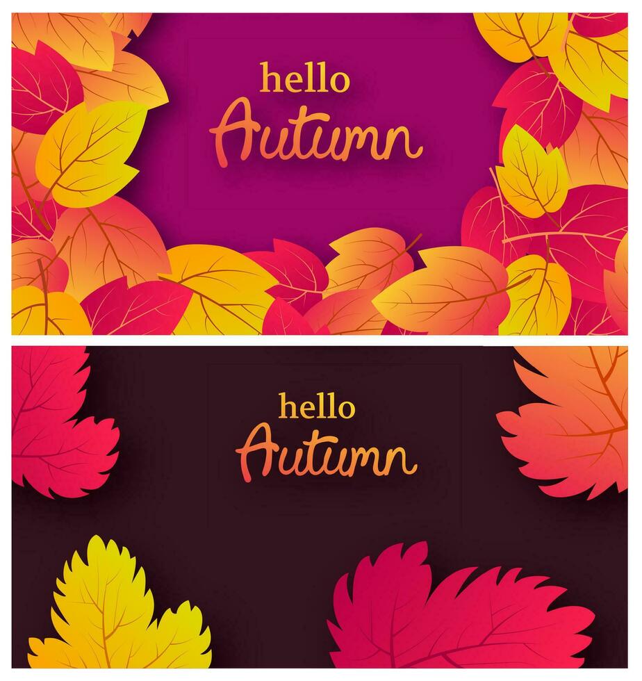 uppsättning av två bakgrunder med höst löv och plats för din text. baner design för falla säsong baner eller affisch. vektor illustration