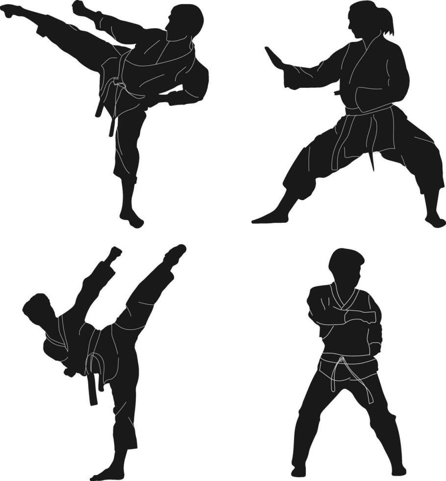 karate kämpe silhuett i vit bakgrund. vektor illustration uppsättning.