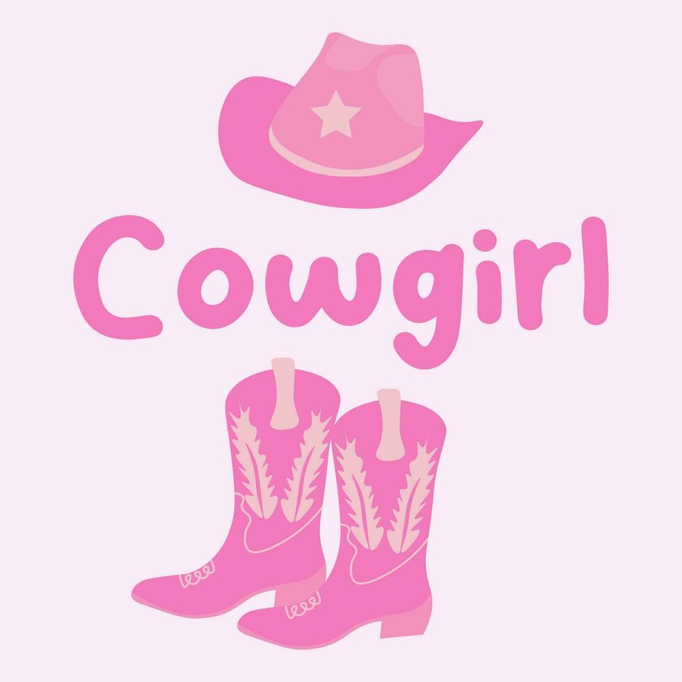 Cowgirl Postkarte. Rosa Cowboy Stiefel und ein Hut auf ein Rosa Hintergrund. Vektor