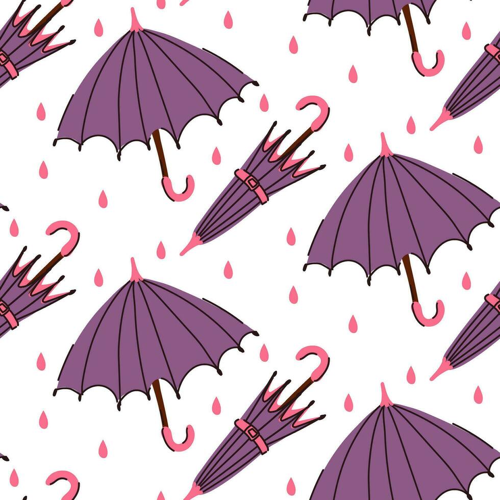Muster von ein öffnen und geschlossen lila Regenschirm im das Regen. nahtlos, repetitiv eben Herbst Karikatur Textur. süß Wetter Schutz auf ein Weiß Hintergrund. Regenschirme, Drucken auf Textilien, Papier vektor