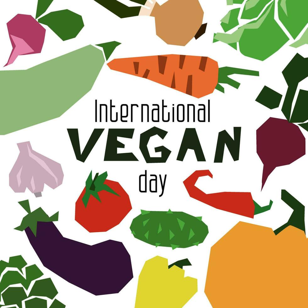 Vektor eben Illustration von das International vegan Tag. geeignet zum Gruß Karte, Poster und Banner. geometrisch Gemüse auf ein Weiß Hintergrund mit ein Inschrift