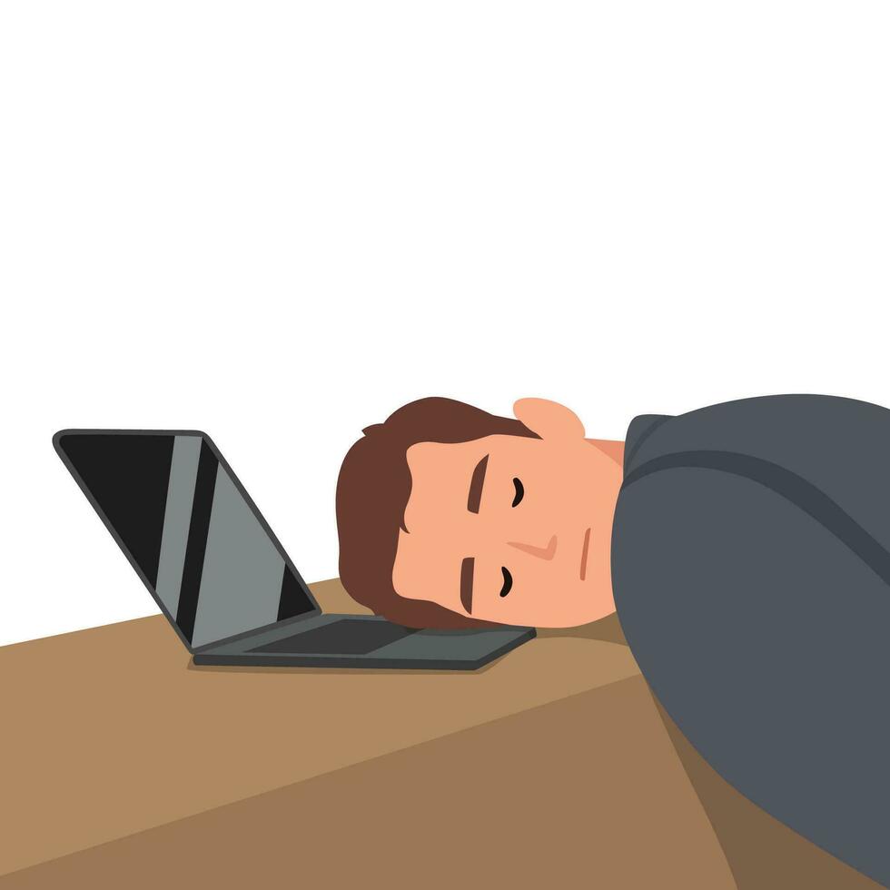 trött och betonade ung företag man sovande på hans bärbar dator i hans kontor vektor