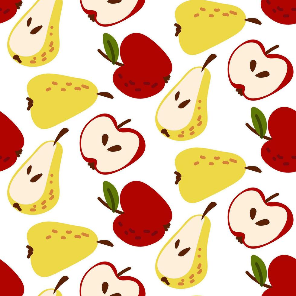mönster höst skörda äpplen och päron hela och i sektion på en vit bakgrund. vektor platt ljus textur med frukter. söt tecknad serie illustration för utskrift på textilier och papper. förpackning