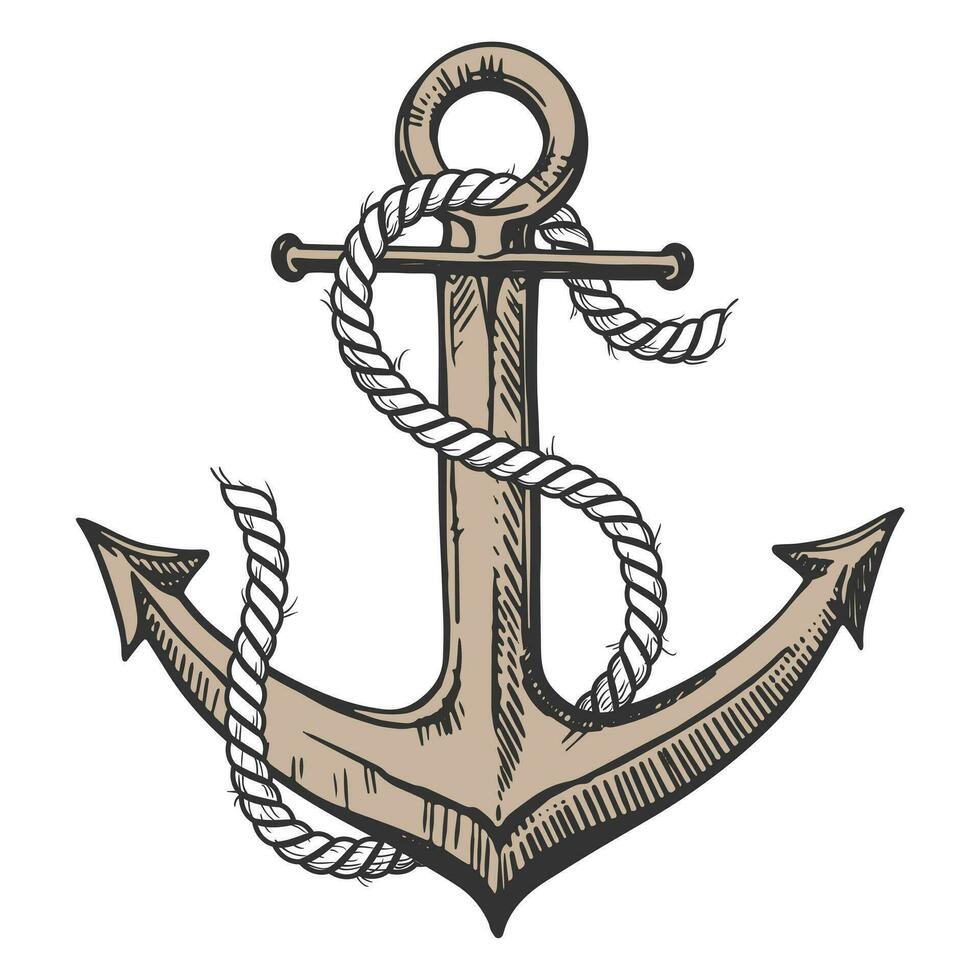 Meer Anker eingewickelt mit Seil. Teil von das Ausrüstung zum das Schiff. Vektor Hand gezeichnet Illustration. Clip Art zum Tätowierung, Emblem, Logo, Etikette auf ein Weiß Hintergrund.