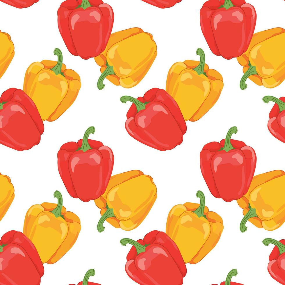 vektor sömlös mönster med klocka peppar. gul och röd paprika på en vit bakgrund. ljus, saftig, sommar grönsaker. tapet, skriva ut, textil- design, omslag papper.