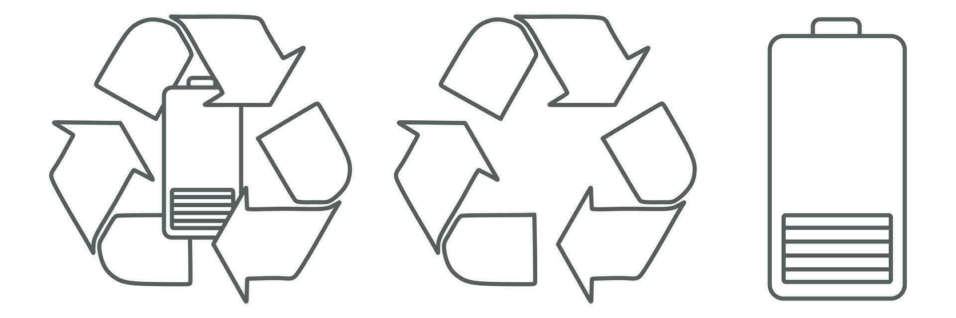 Batterie, aufladen, niedrig, Warnung und Recycling unterzeichnen. Symbole Satz. Linie Vektor isoliert auf Weiß Hintergrund. Erde Speichern und Recycling Konzept. linear Vektor Sammlung