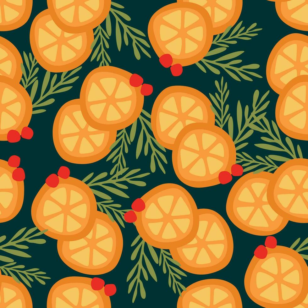 nahtlos Orange Folien Muster mit Preiselbeeren auf dunkel Hintergrund. Vektor Illustration mit Zitrusfrüchte zum Banner Hintergrund, Vorlage. Postkarte Hintergrund mit Grün Geäst. Weihnachten Dekoration.