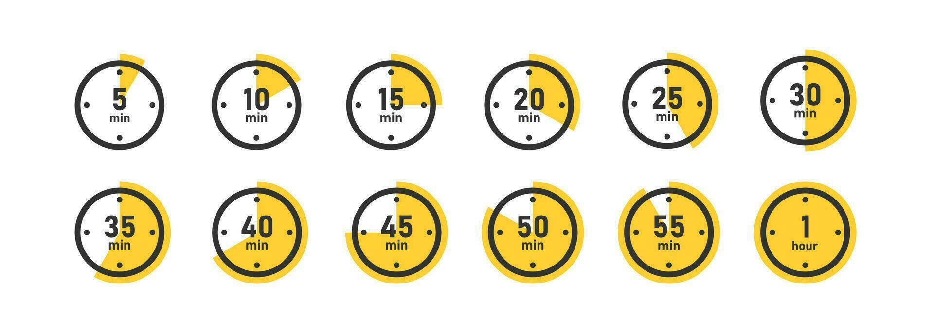 klocka gul ikon uppsättning. tid symbol. nedräkning timer, märka matlagning tid, stoppur, timme, minut period. översikt, platt och färgad stil ikon för webb design. vektor illustration.