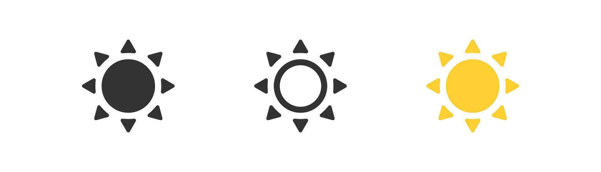 Gelb Sonne mit Strahlen Symbol. Sommer- Symbol. heiß sonnig Wetter, Hitze, Helligkeit. Umriss, eben und farbig Stil Symbol zum Netz Design. Vektor Illustration.