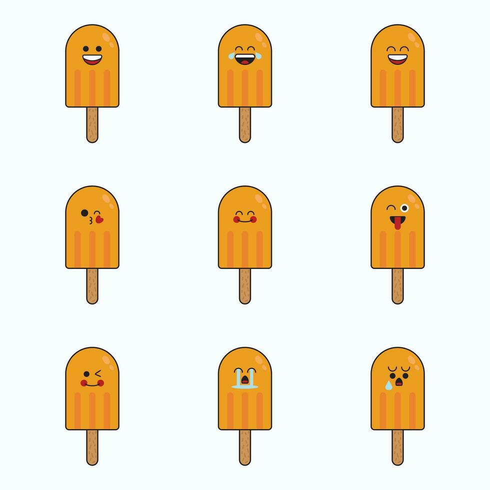 Schokolade Eis Sahne Symbol einstellen Vektor Emoticon. Schokolade Eis Sahne süß Emoji mit Gesicht.