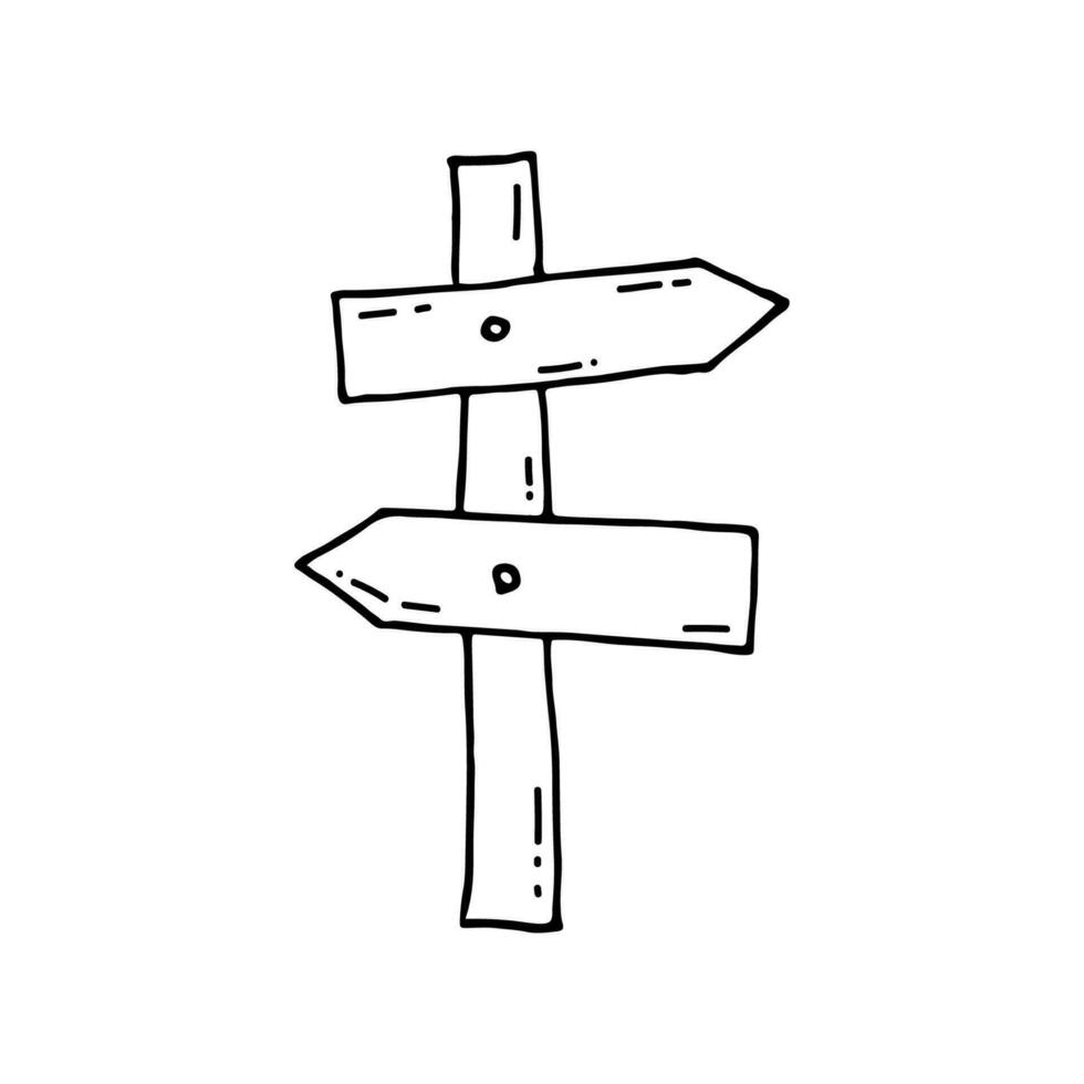 trä- tecken på en Pol. pekar på de riktning till en befolkad område. klotter. vektor illustration. hand ritade. översikt.