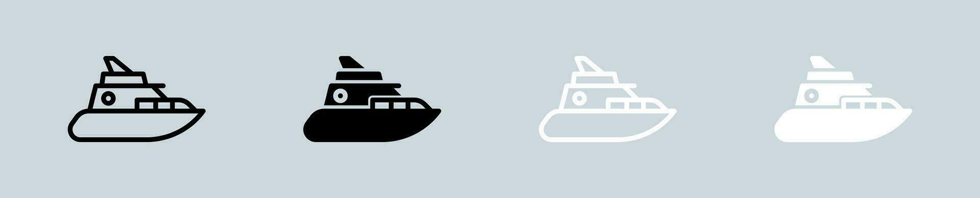 Yacht ikon uppsättning i svart och vit. fartyg tecken vektor illustration.