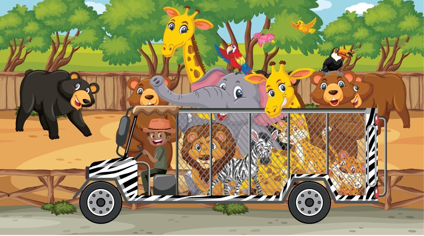 Safari-Szene mit wilden Tieren im Käfigwagen vektor