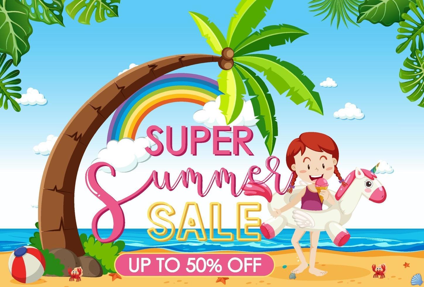 Super Sommer Sale Banner mit einem glücklichen Mädchen am Strand vektor