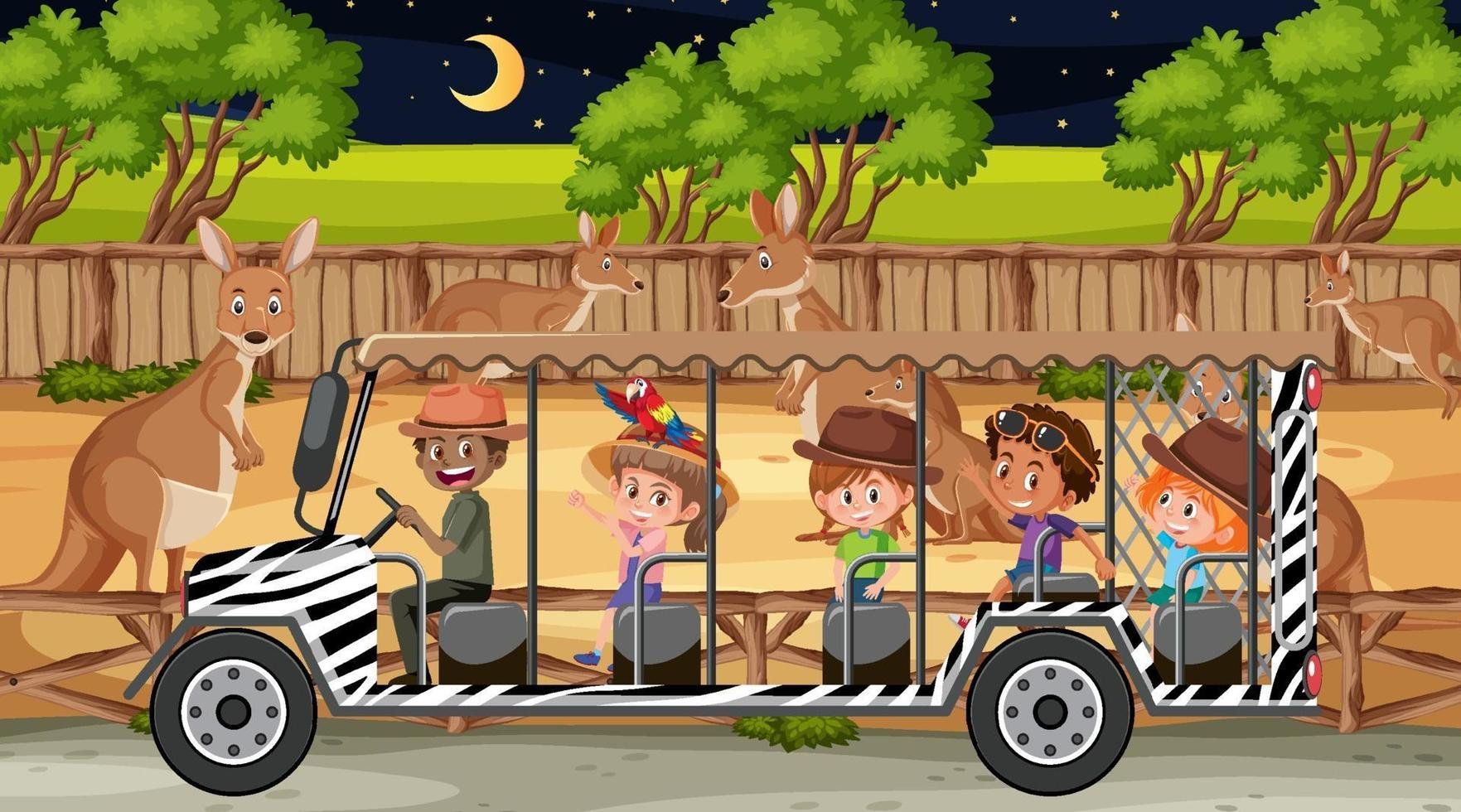 kängurugrupp i safari scen med barn i turistbilen vektor