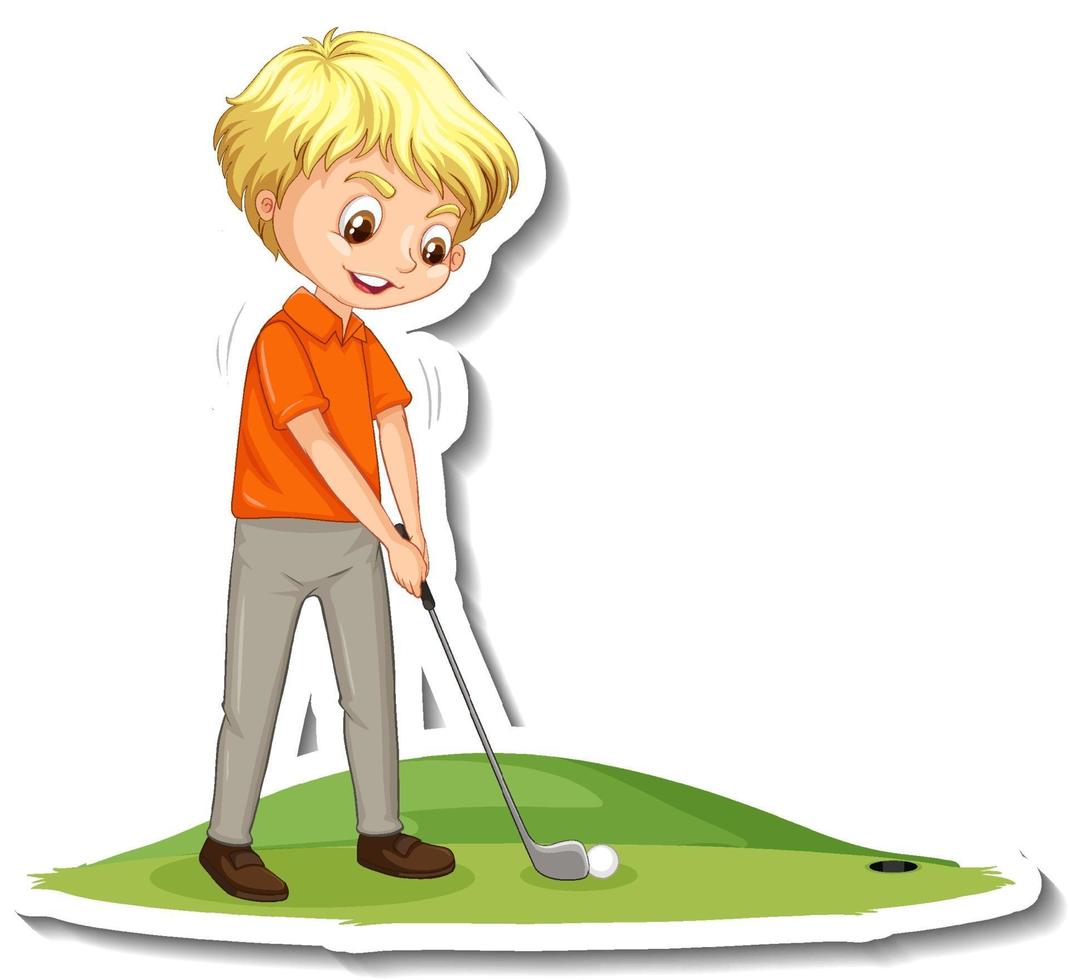 tecknad karaktär klistermärke med en pojke som spelar golf vektor