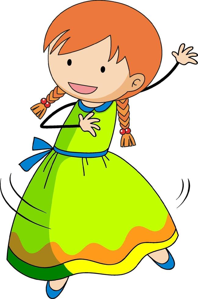 glückliches Mädchen genießt das Tanzen von Doodle-Cartoon-Figur vektor