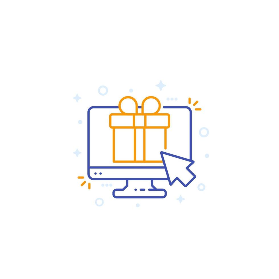 Geschenkbox auf dem Bildschirm, E-Commerce-Liniensymbol vektor