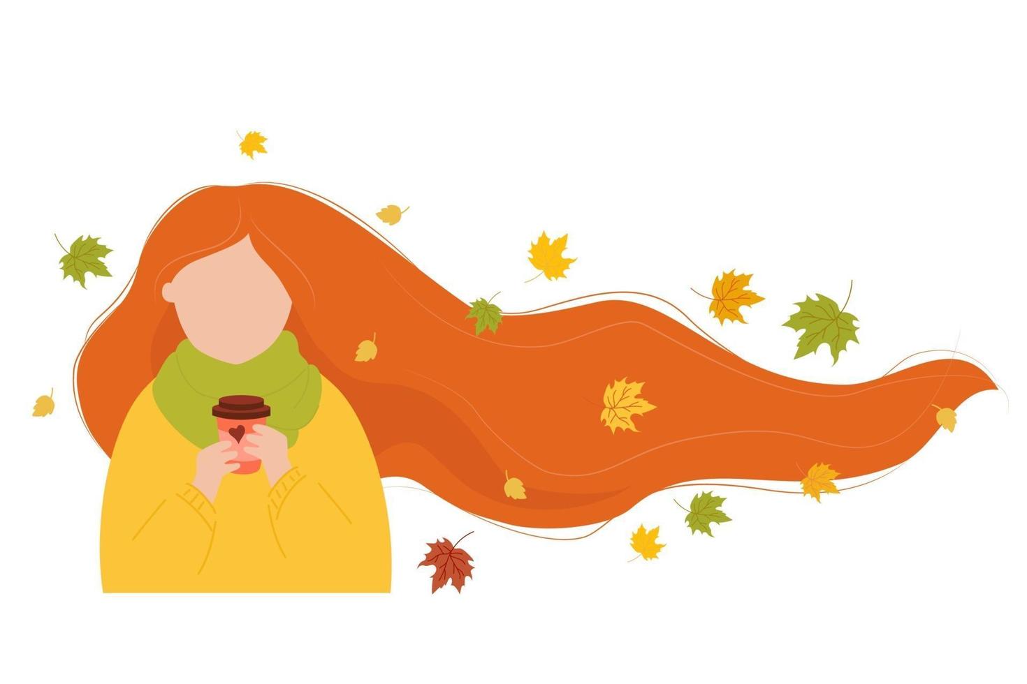 Mädchen mit sich entwickelnden langen Haaren mit Herbstlaub mit Kaffee vektor