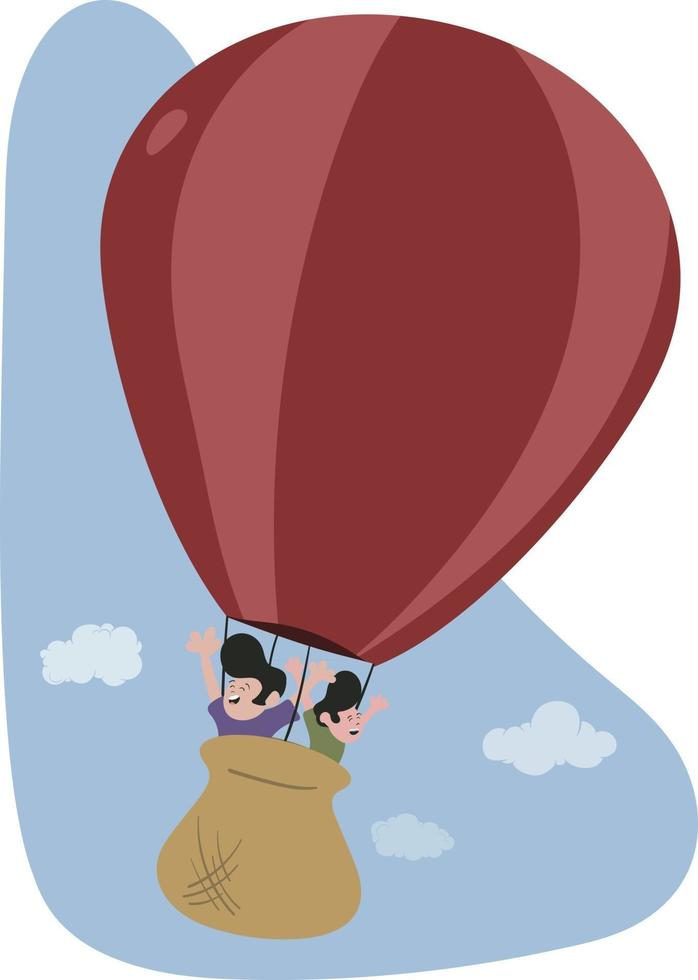 röd luftballong med 2 personer som flyger över himlen. blå himmel bakgrund med moln. semesteraktiviteter för äventyr och sightseeing. vektor