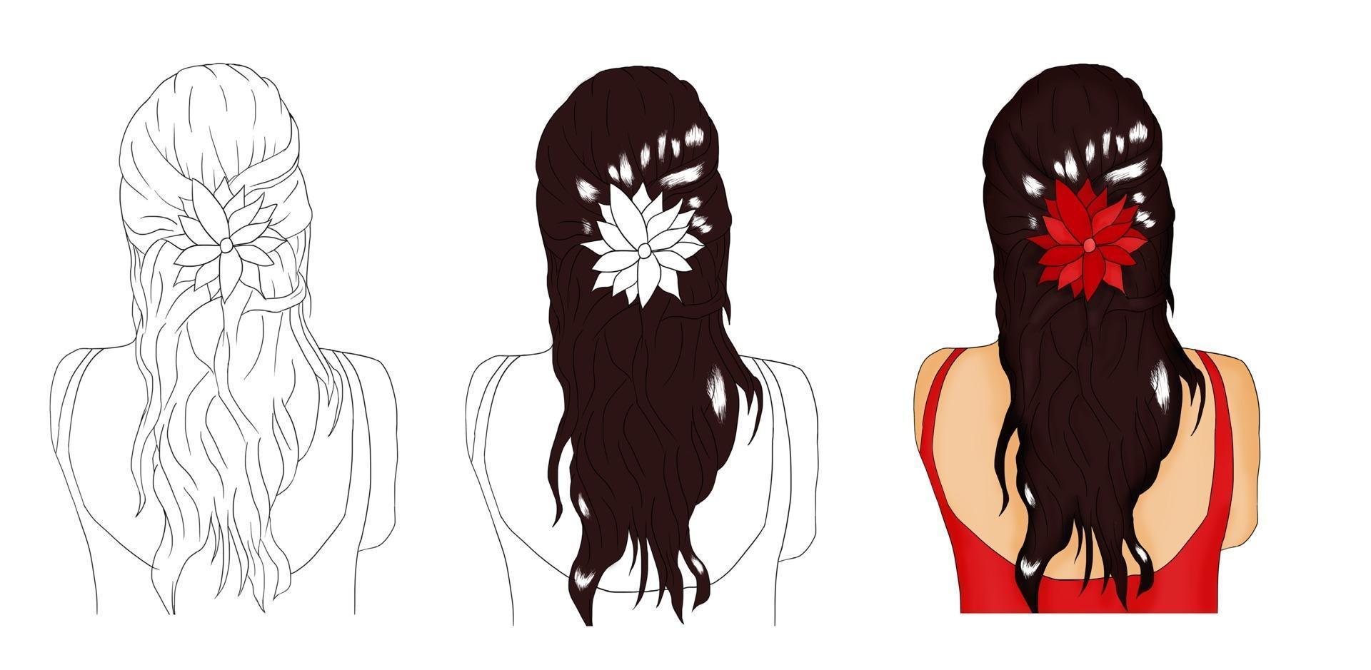 handgezeichnetes Mädchen mit langen Haaren und einer Blume vektor