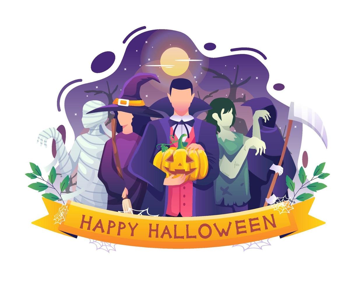 Menschen in verschiedenen Anzugkostümen feiern Halloween-Illustration vektor