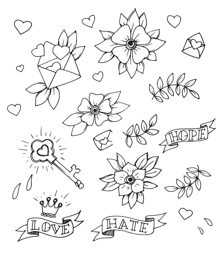 ein Färbung Seite mit Blumen und Herzen vektor