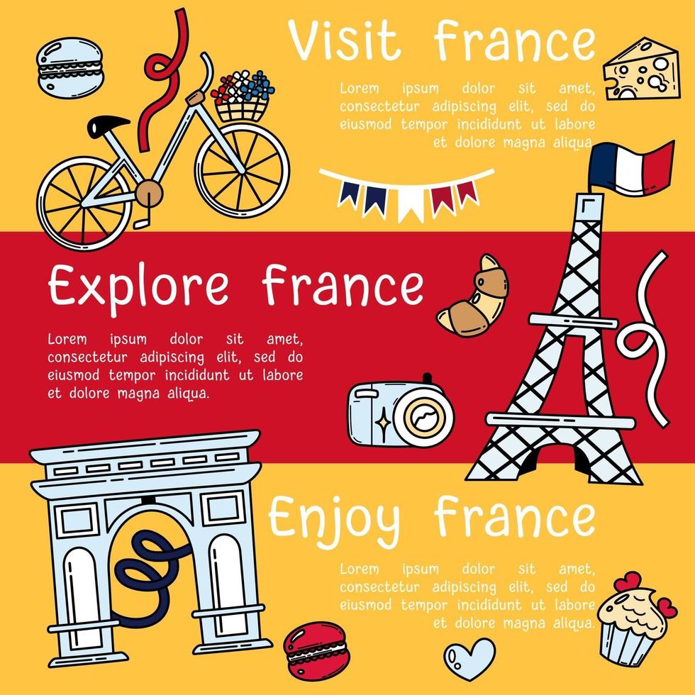 Besuchen Sie Frankreich-Banner mit französischen Wahrzeichen-Symbolen. vektor