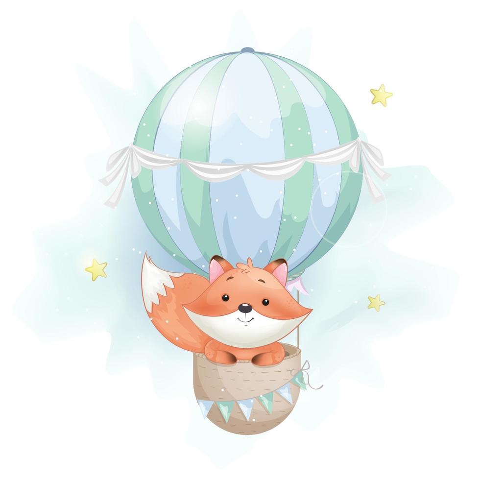 süßer foxy, der auf großem luftballon fliegt. entzückender Fuchs vektor