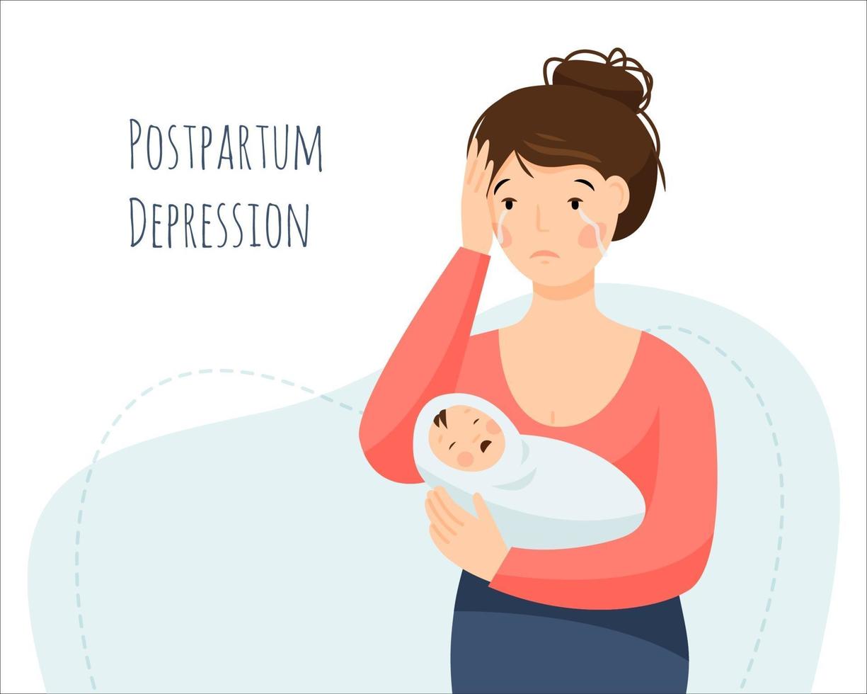 förlossningsdepression. en kvinna gråter och håller en gråtande bebis. vektor
