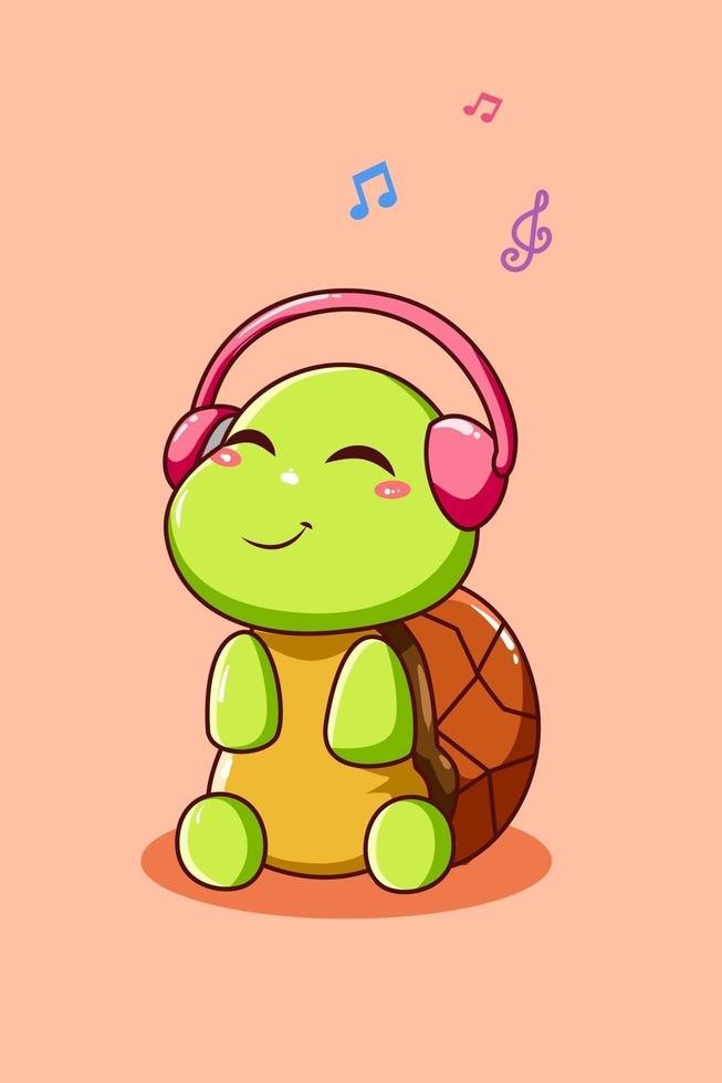 glad och rolig sköldpadda som lyssnar på musik med headset -tecknad film vektor