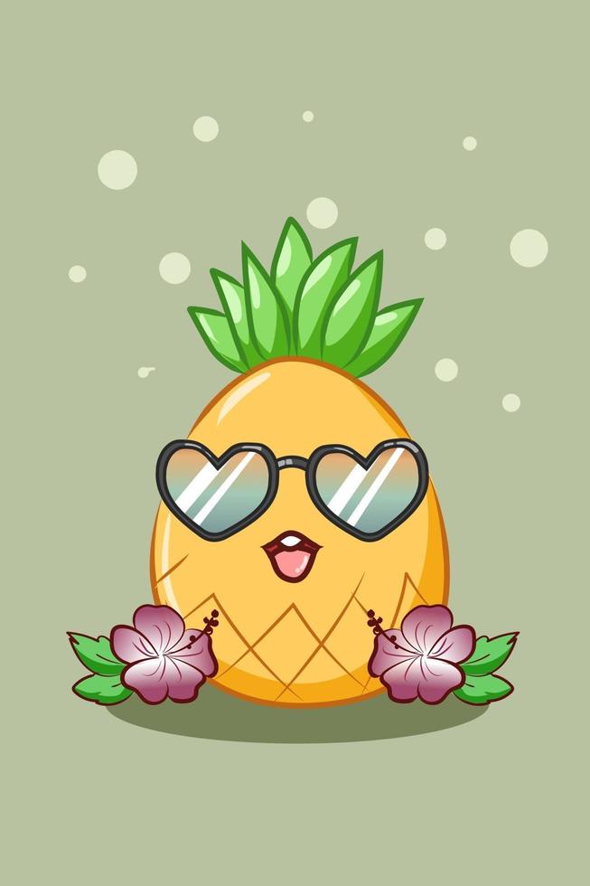 glückliche und süße Ananas in der Sommerkarikaturillustration vektor