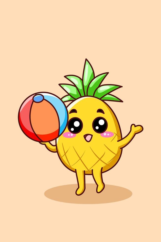 süße Ananas mit Volleyball-Cartoon-Illustration vektor