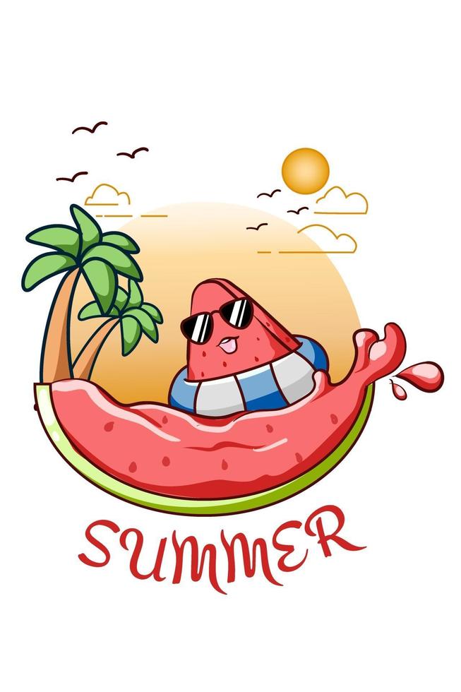 glückliche und süße Wassermelone in der Sommerkarikaturillustration vektor