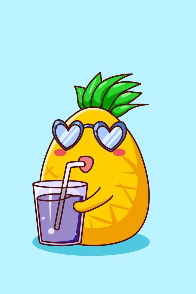 lustige Ananas mit Saft in der Sommerkarikaturillustration vektor