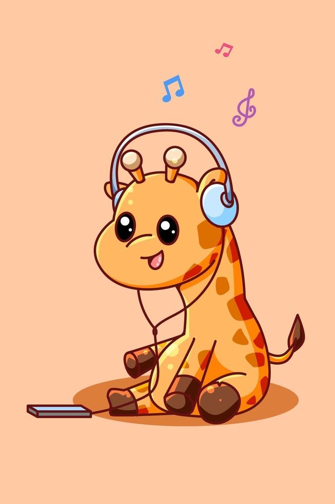 söt giraff som lyssnar på musik med headset tecknad illustration vektor