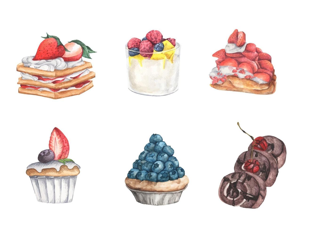 Reihe von köstlichen Desserts. Aquarellillustration. vektor