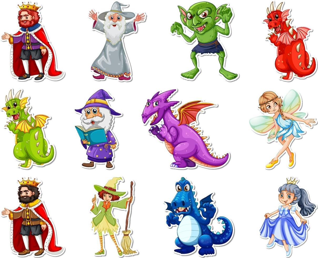 Aufkleberset mit verschiedenen märchenhaften Zeichentrickfiguren vektor