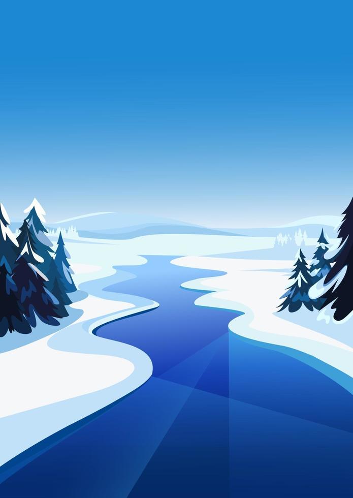 Landschaft mit zugefrorenem Fluss. Winterlandschaft in vertikaler Ausrichtung. vektor