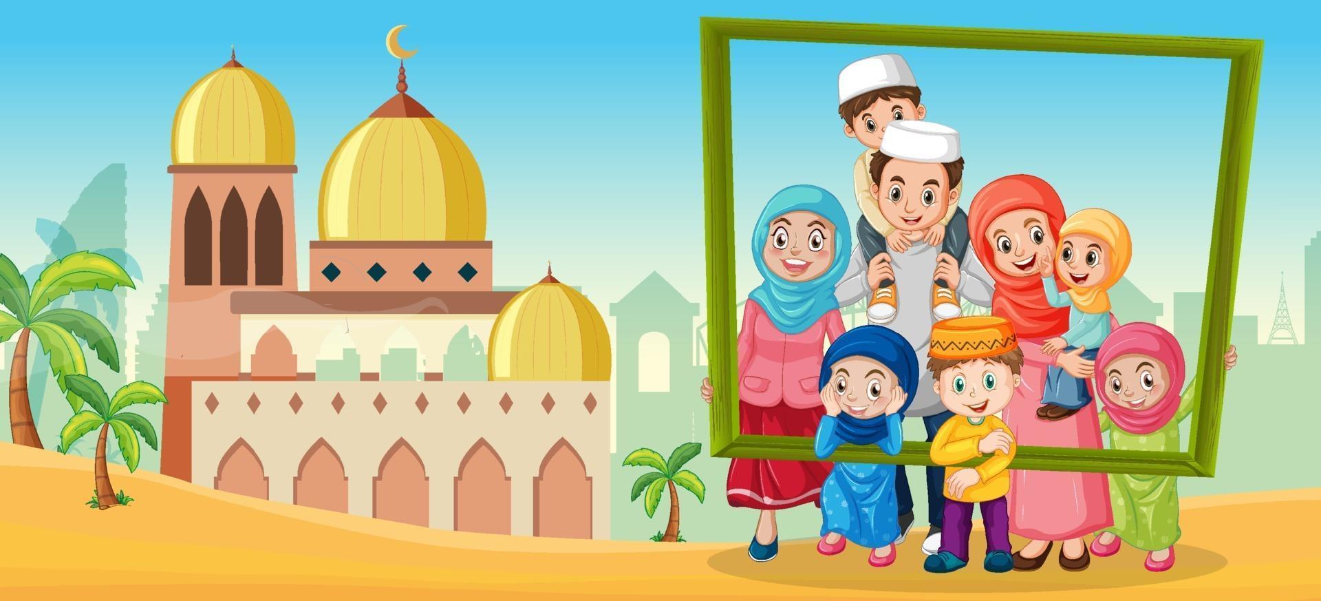 lycklig familj som rymmer fotoramen med moskén i bakgrunden vektor