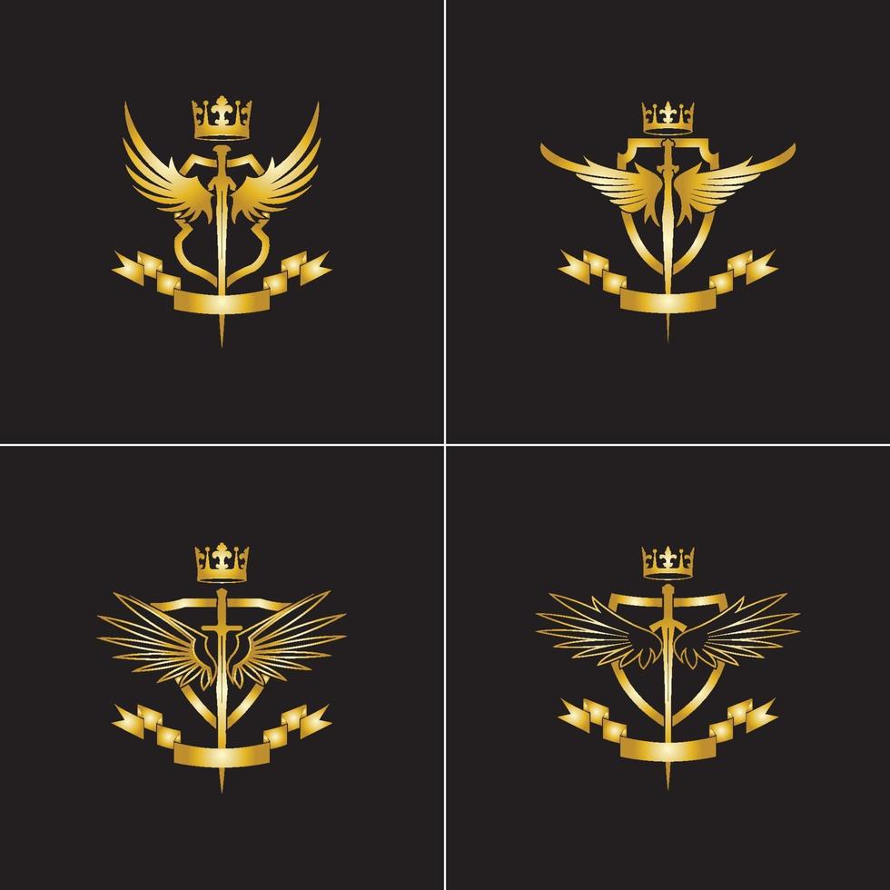 heraldisk komposition med krona, svärd, vingar, sköld och band. vektor