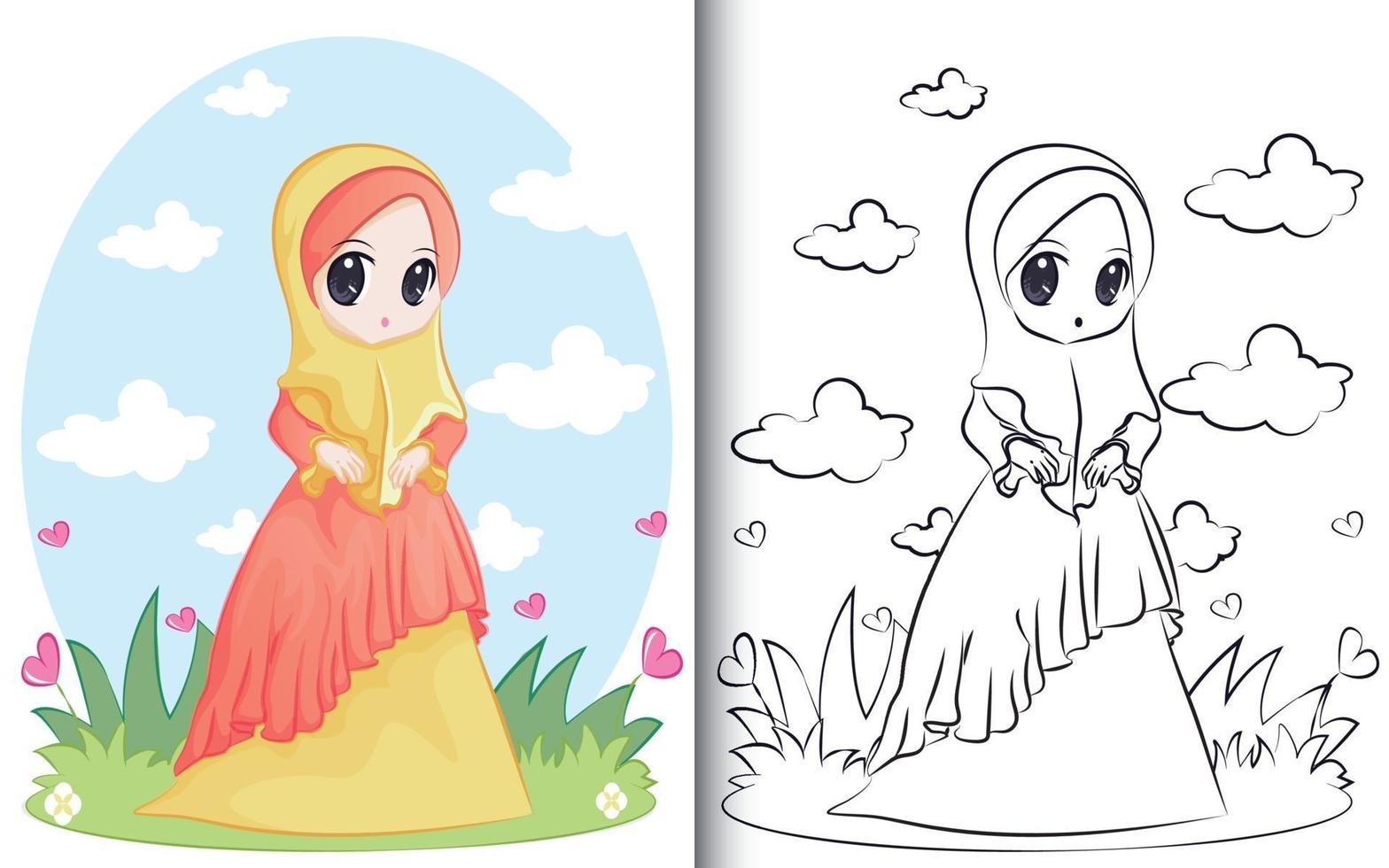 Malbuch mit süßem muslimischem Charakter. für Kinder im Vorschulalter vektor