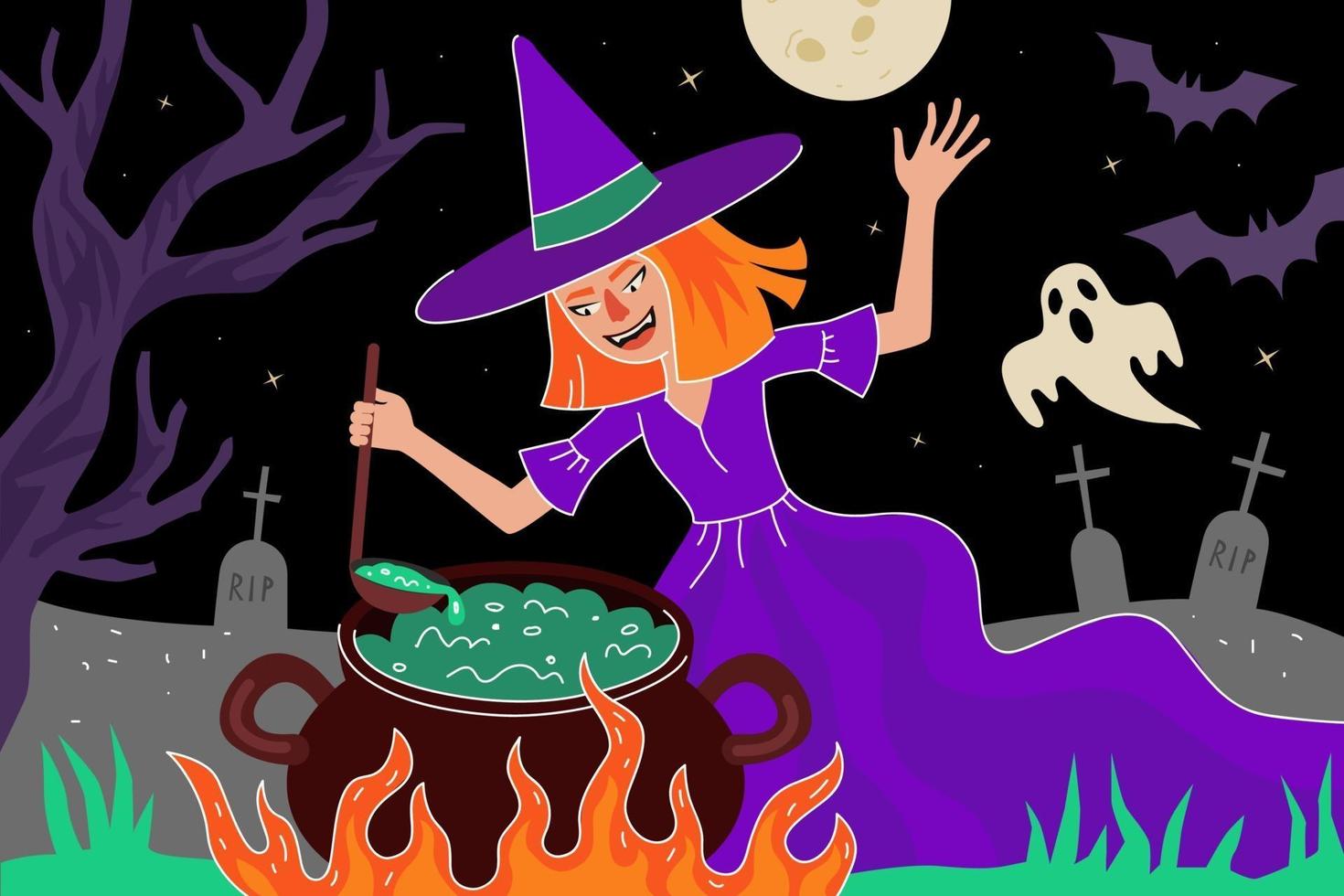 glückliche halloween-feiertagsgrußkarte. die hexe braut zaubertrank vektor