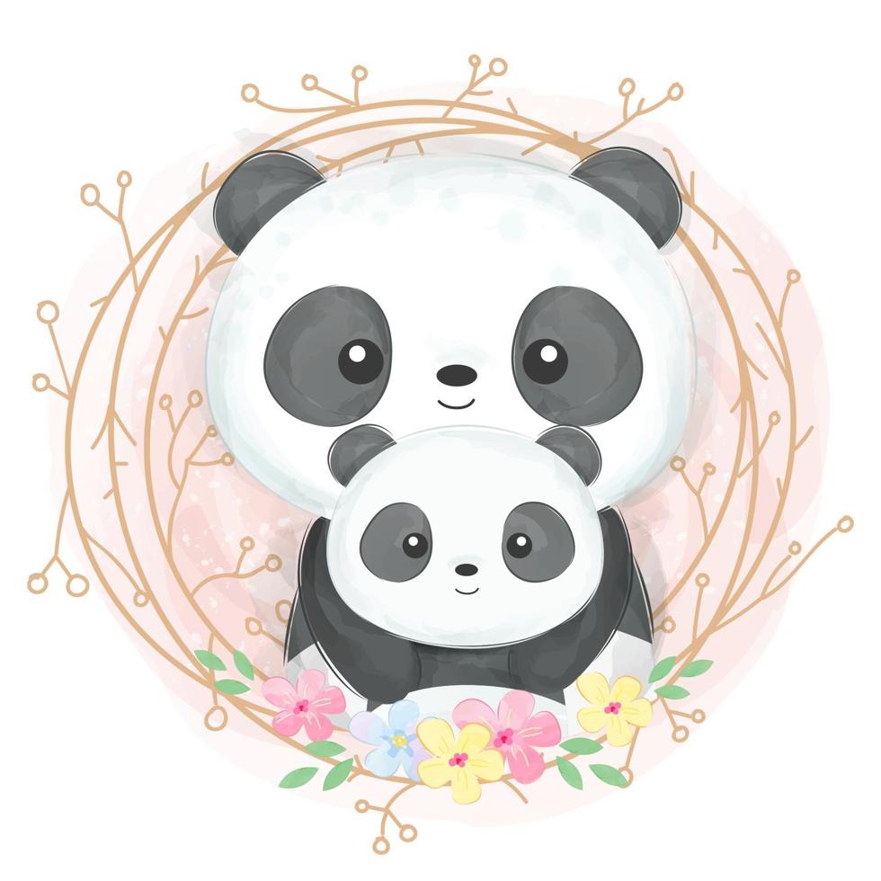 söt mamma och babypanda i akvarellillustration vektor