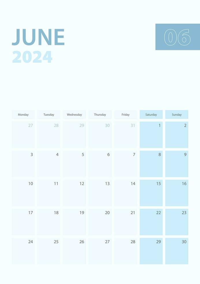 vertikal kalender sida av juni 2024, vecka börjar från måndag. vektor